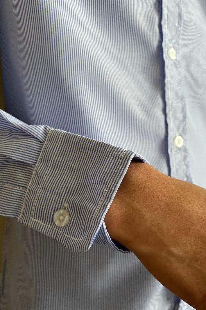 Mens casual pinstriped Grandad Collar Shirt Blue
