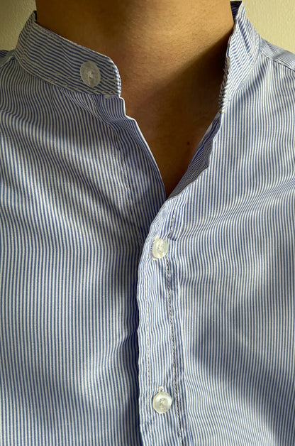 Mens casual pinstriped Grandad Collar Shirt Blue