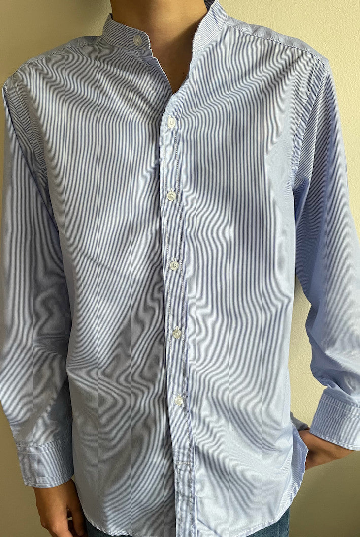 Mens casual pinstriped Grandad Collar Shirt Blue
