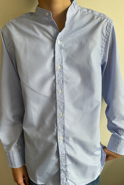 Mens casual pinstriped Grandad Collar Shirt Blue